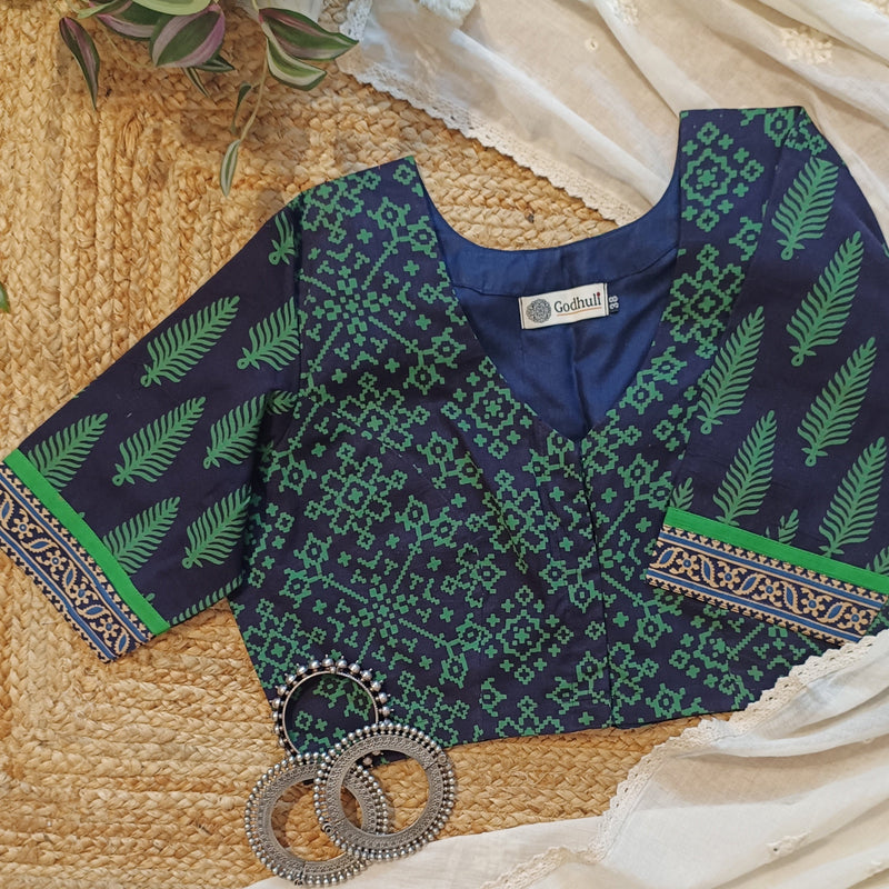 Navy Blue-Green Gamathi Readymade Blouse | Godhuli