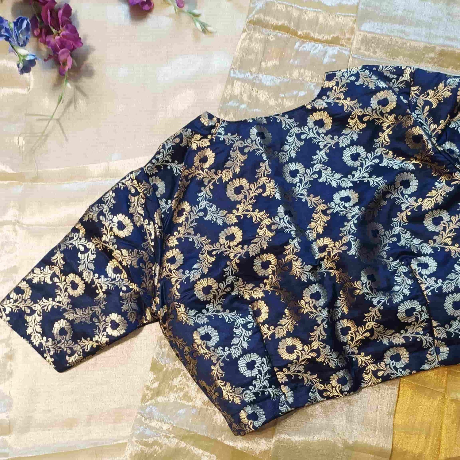 Navy Blue Banarasi Brocade Readymade Blouse