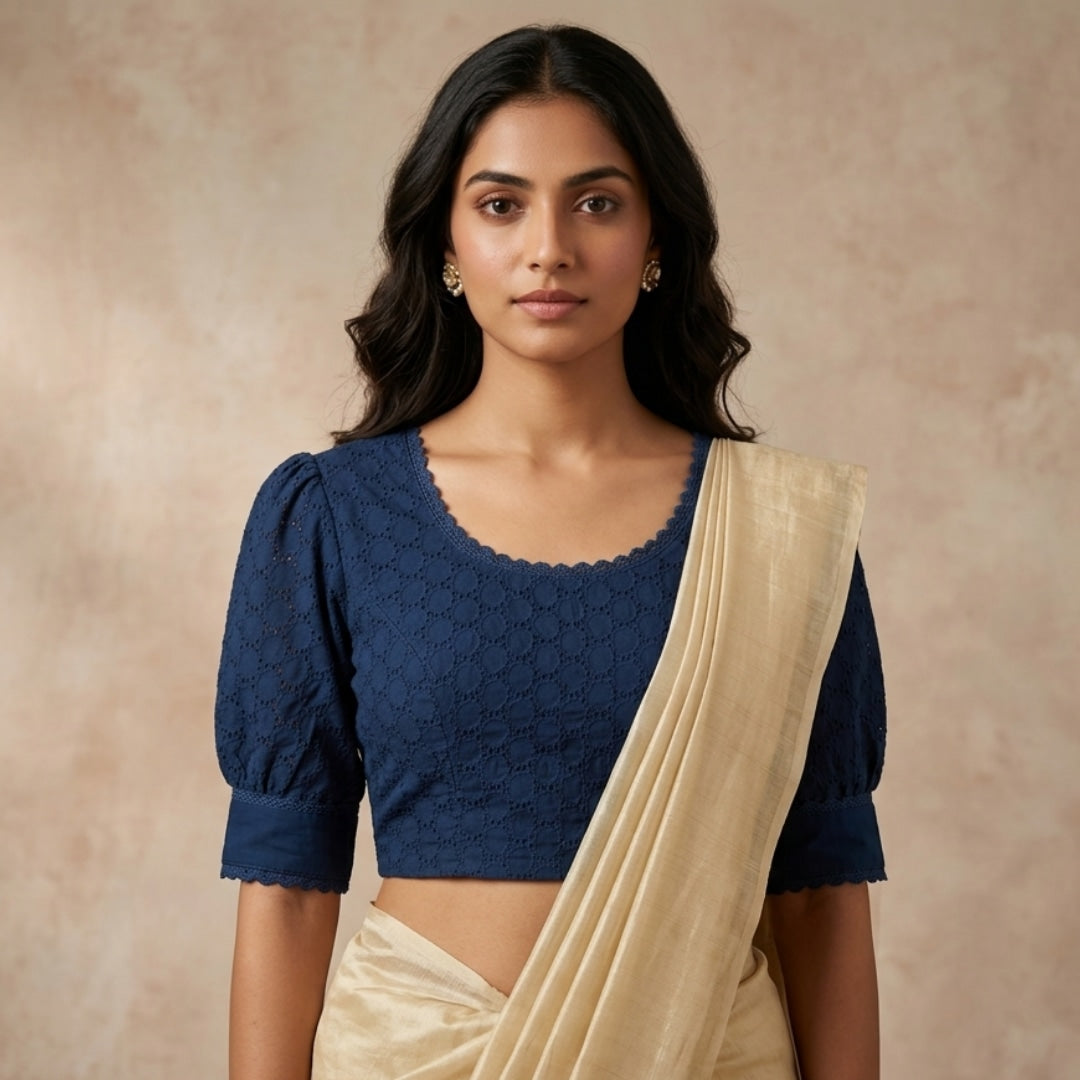Navy Blue Cut Work Readymade Blouse with Puff Sleeves