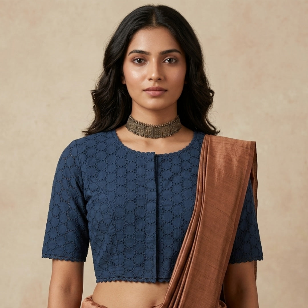 Navy Blue Cut Work Readymade Blouse with Simple Sleeves