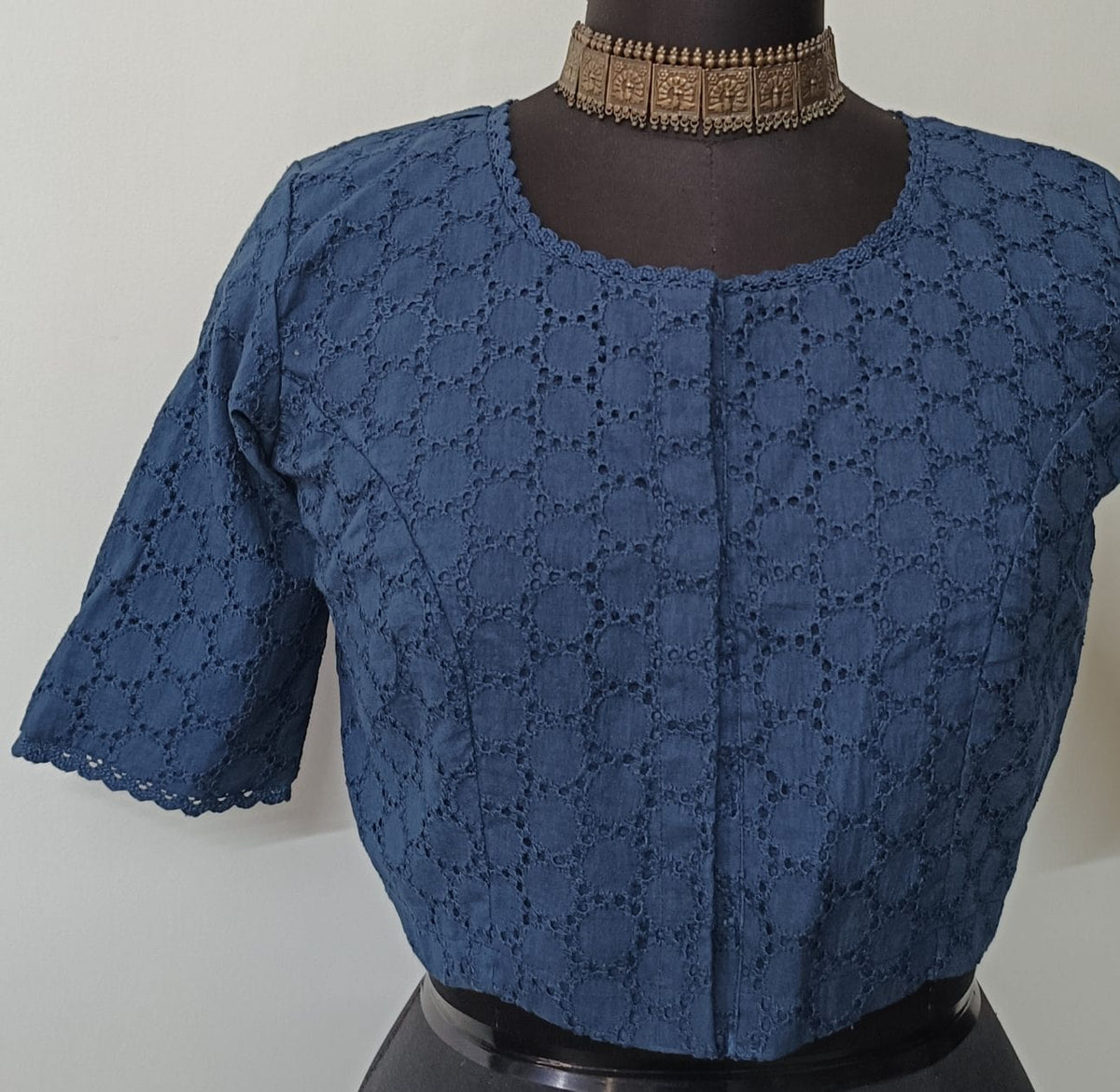 Navy Blue Cut Work Readymade Blouse with Simple Sleeves