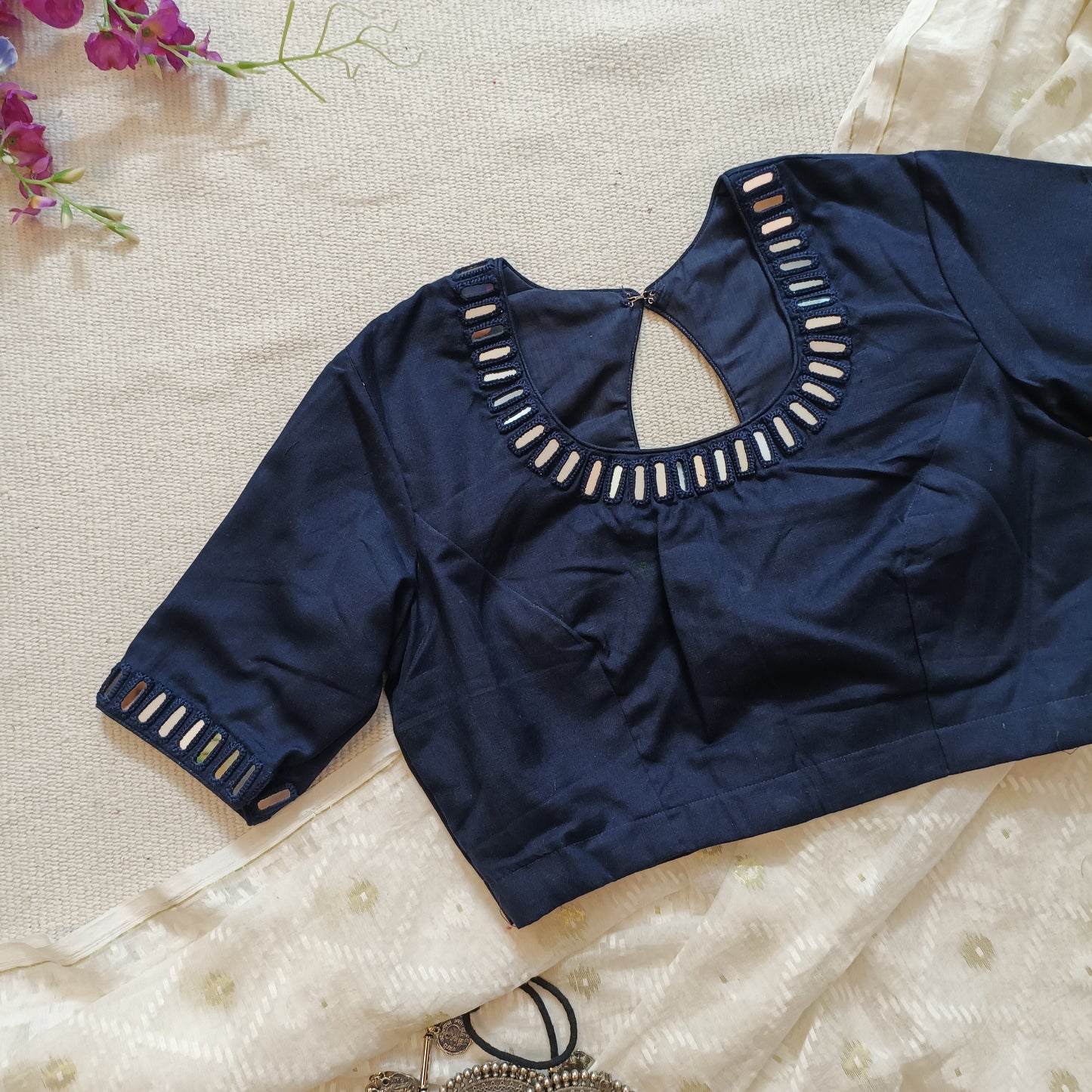 Navy Blue Flex Cotton Mirror Blouse 