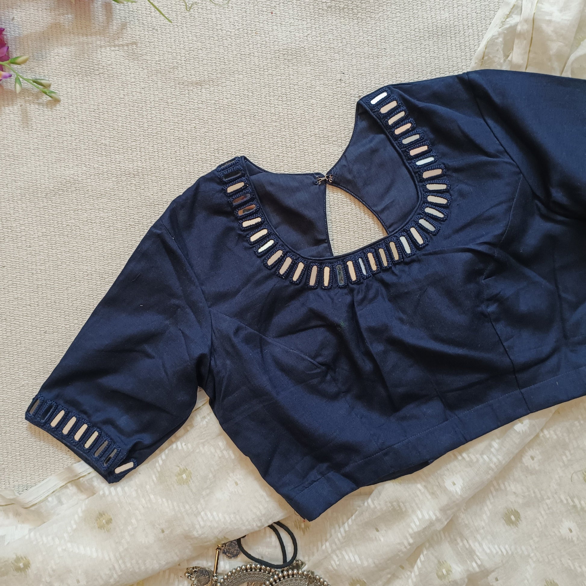 Navy Blue Flex Cotton Mirror Blouse