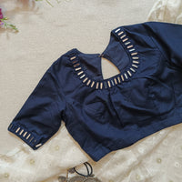 Navy Blue Flex Cotton Mirror Work Readymade Blouse | Godhuli