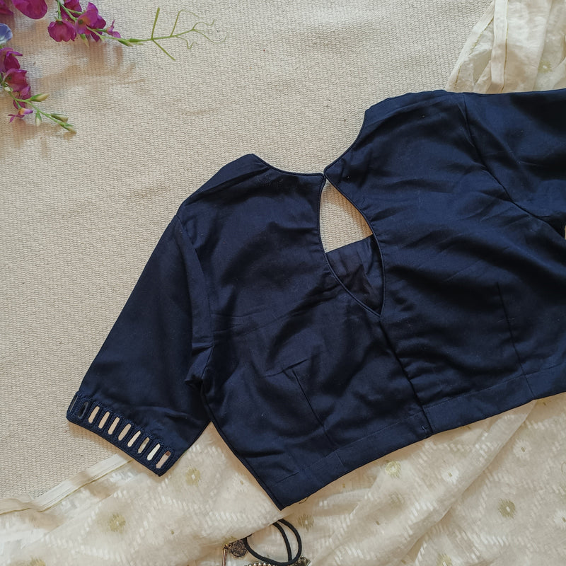 Navy Blue Flex Cotton Mirror Work Readymade Blouse | Godhuli