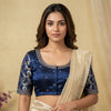 Navy Blue Gaji Silk Brocade Sleeves Aari Work Readymade Blouse | Godhuli