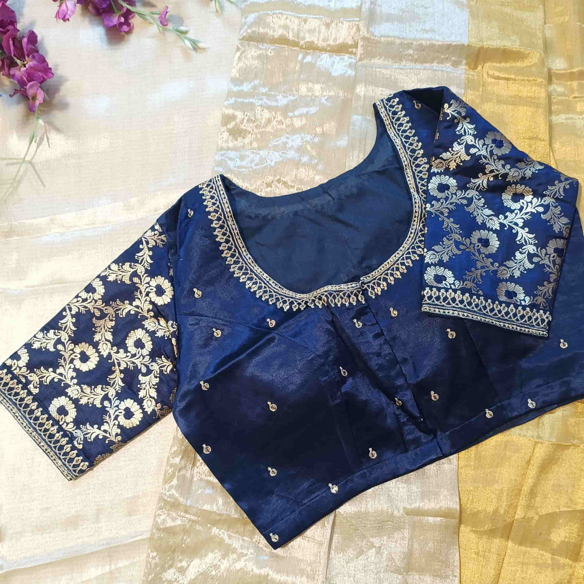 Navy Blue Gaji Silk Brocade Sleeves Aari Work Readymade Blouse