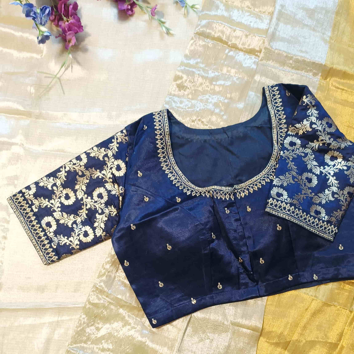 Navy Blue Gaji Silk Brocade Sleeves Aari Work Readymade Blouse