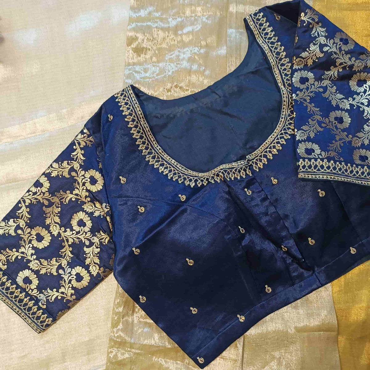 Navy Blue Gaji Silk Brocade Sleeves Aari Work Readymade Blouse