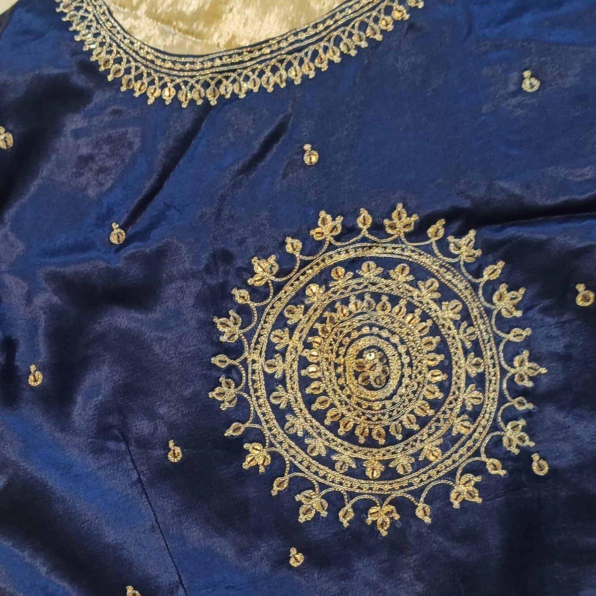 Navy Blue Gaji Silk Brocade Sleeves Aari Work Readymade Blouse