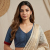 Navy Blue Gaji Silk Stripes Readymade Blouse | Godhuli