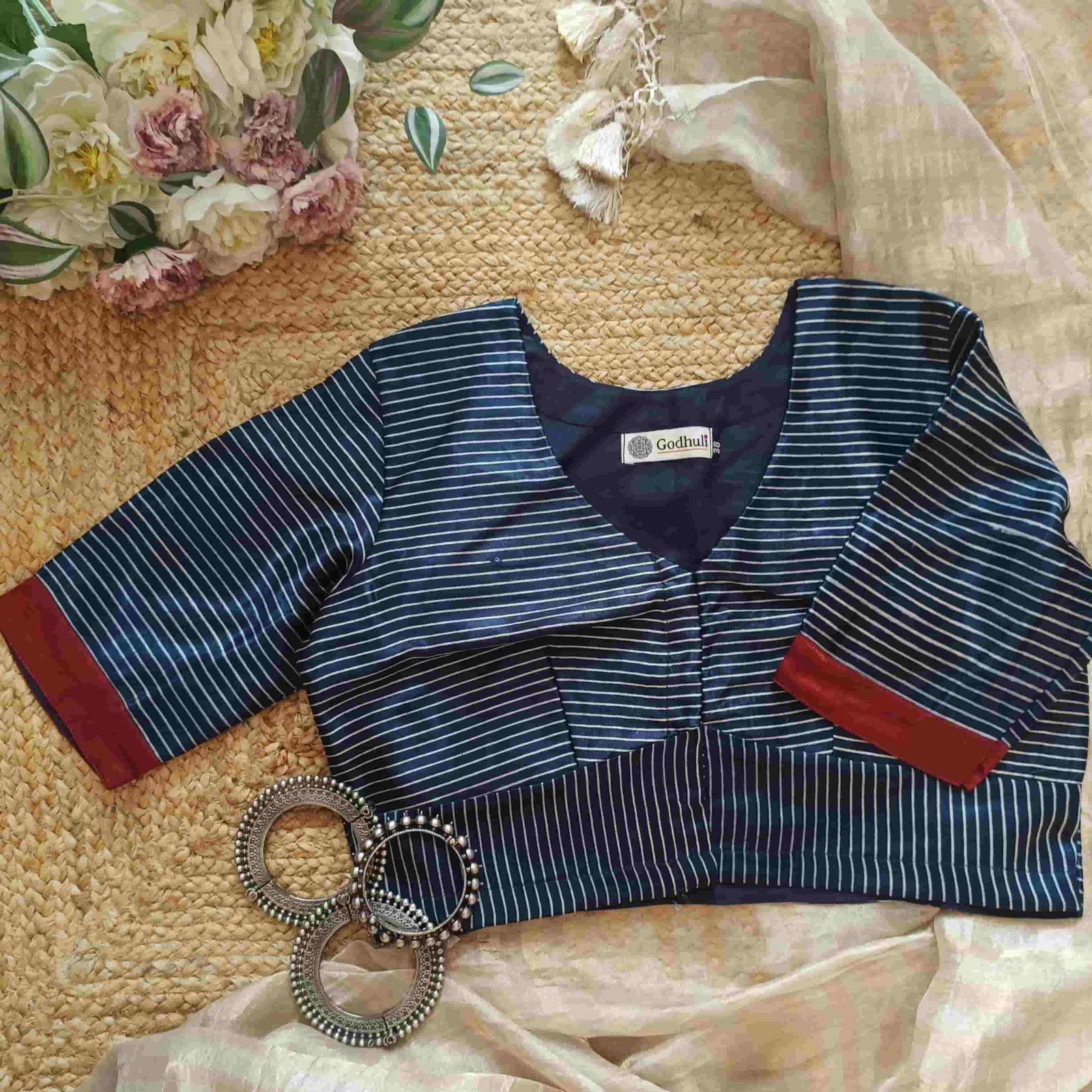 Navy Blue Gaji Silk Stripes Readymade Blouse
