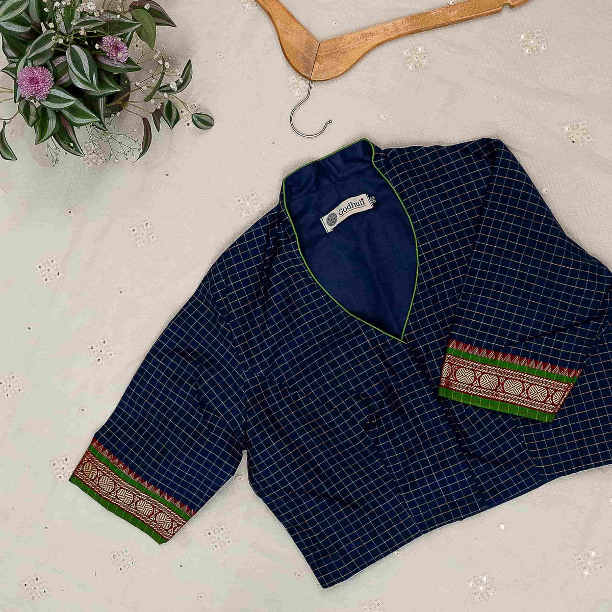 Navy Blue Two Tone Checkered Readymade Blouse