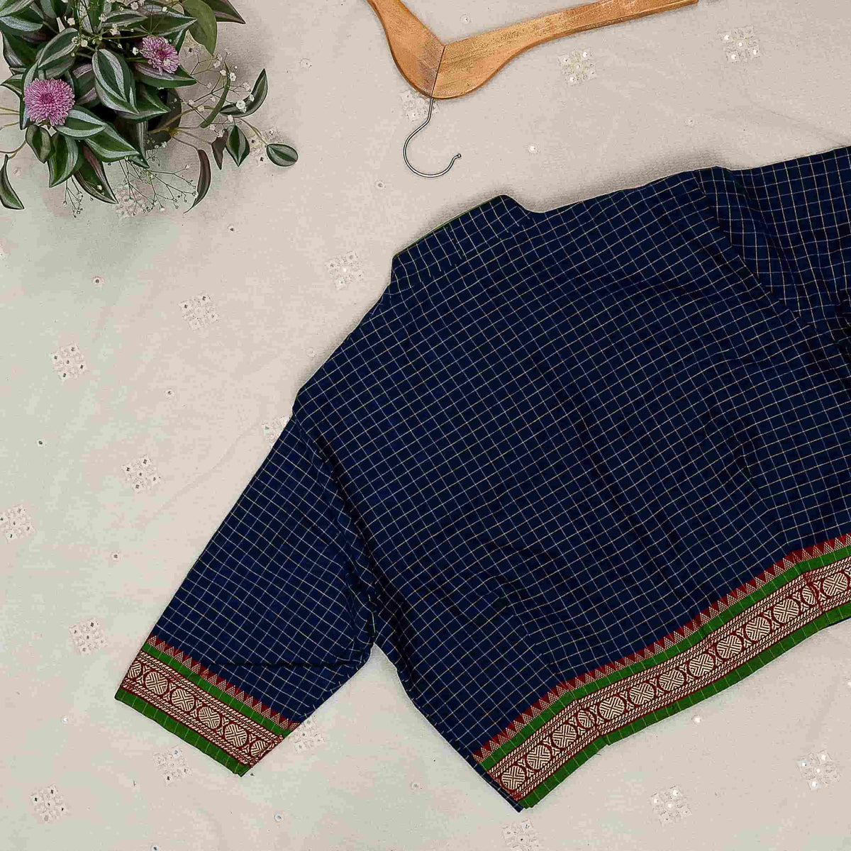 Navy Blue Two Tone Checkered Readymade Blouse