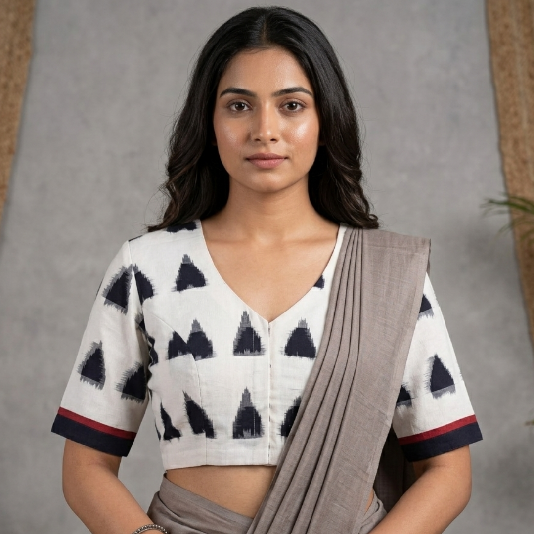 Off White-Black Ikat Readymade Blouse 