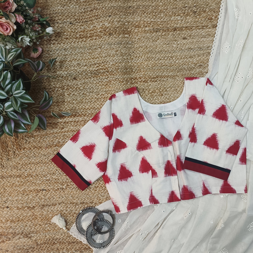 Off White-Red Ikat Readymade Blouse | Godhuli