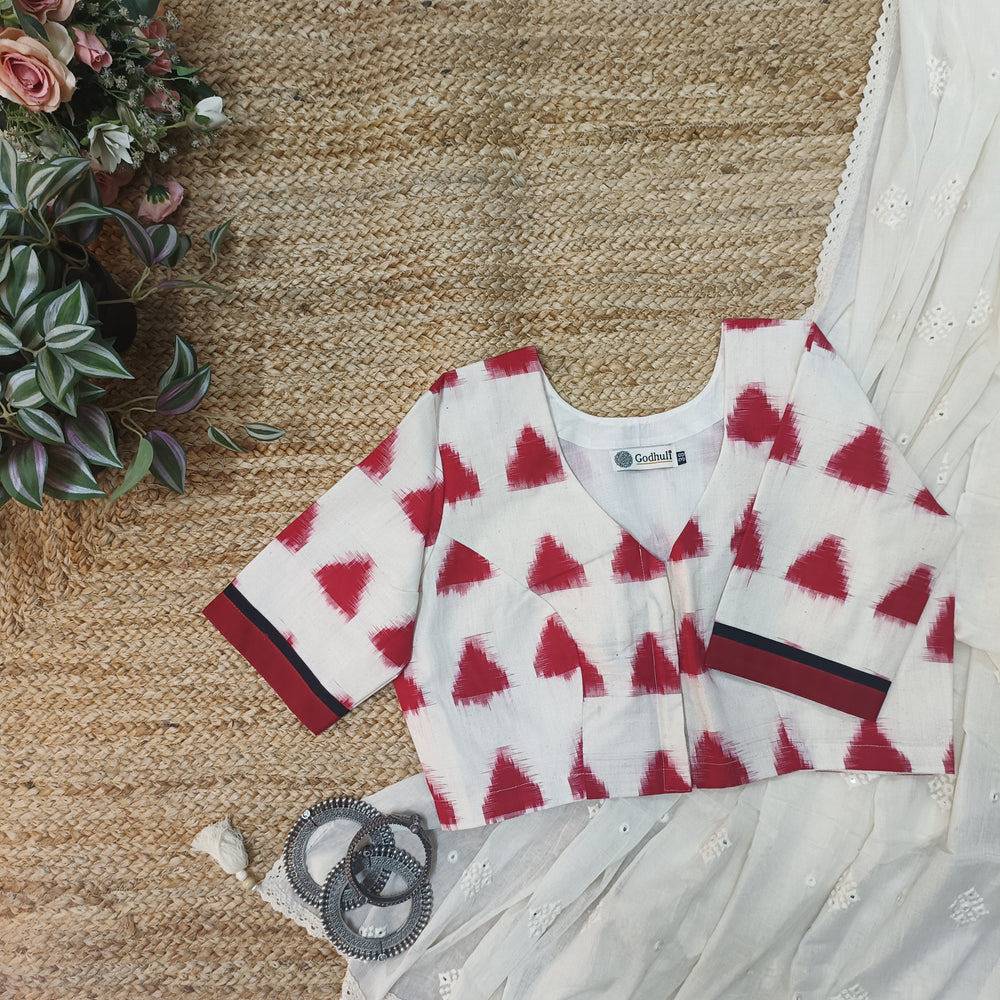 Off White-Red Ikat Readymade Blouse | Godhuli