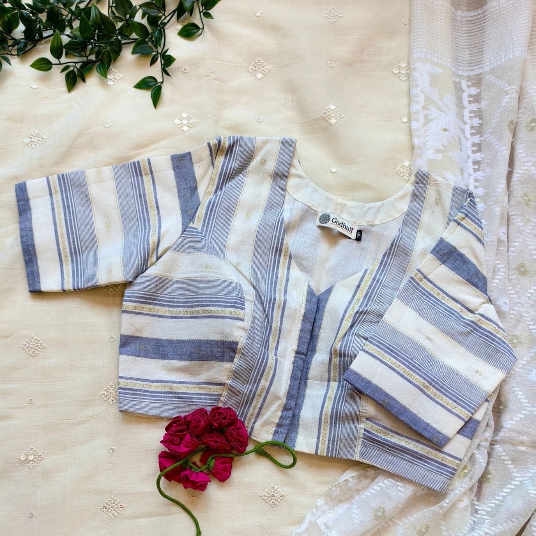 Off White Blue Cream Stripes Readymade Blouse