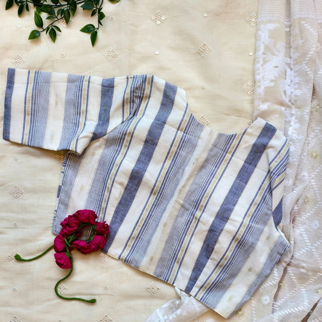 Off White Blue Cream Stripes Readymade Blouse
