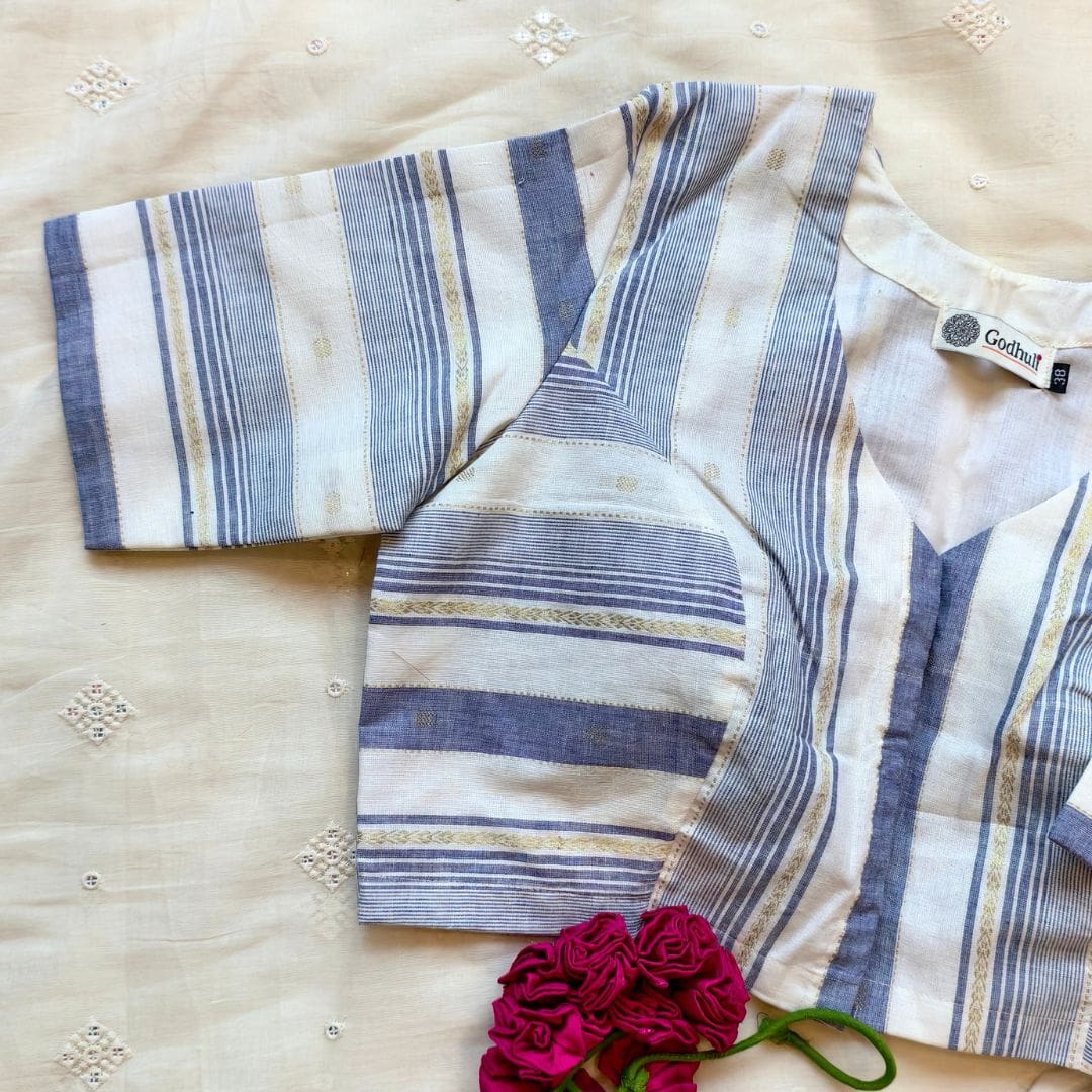 Off White Blue Cream Stripes Readymade Blouse