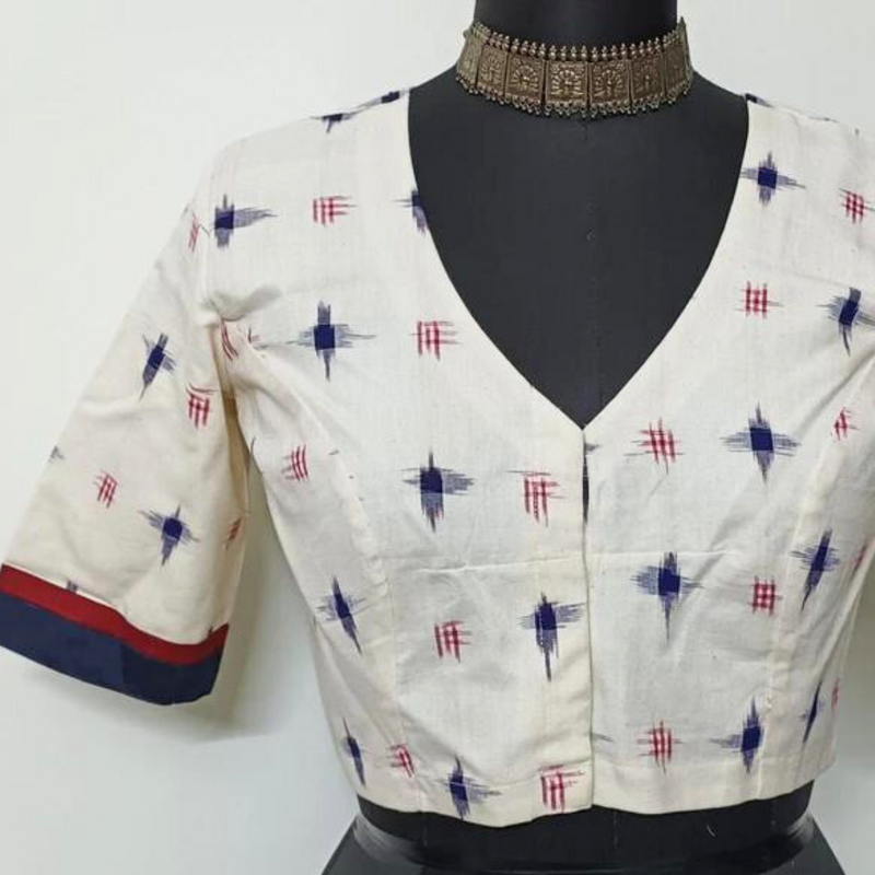 Off White Double Ikat Readymade Blouse with Blue Red Motif | Godhuli