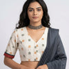 Off White Double Ikat Readymade Blouse with Mustard Green Motif | Godhuli