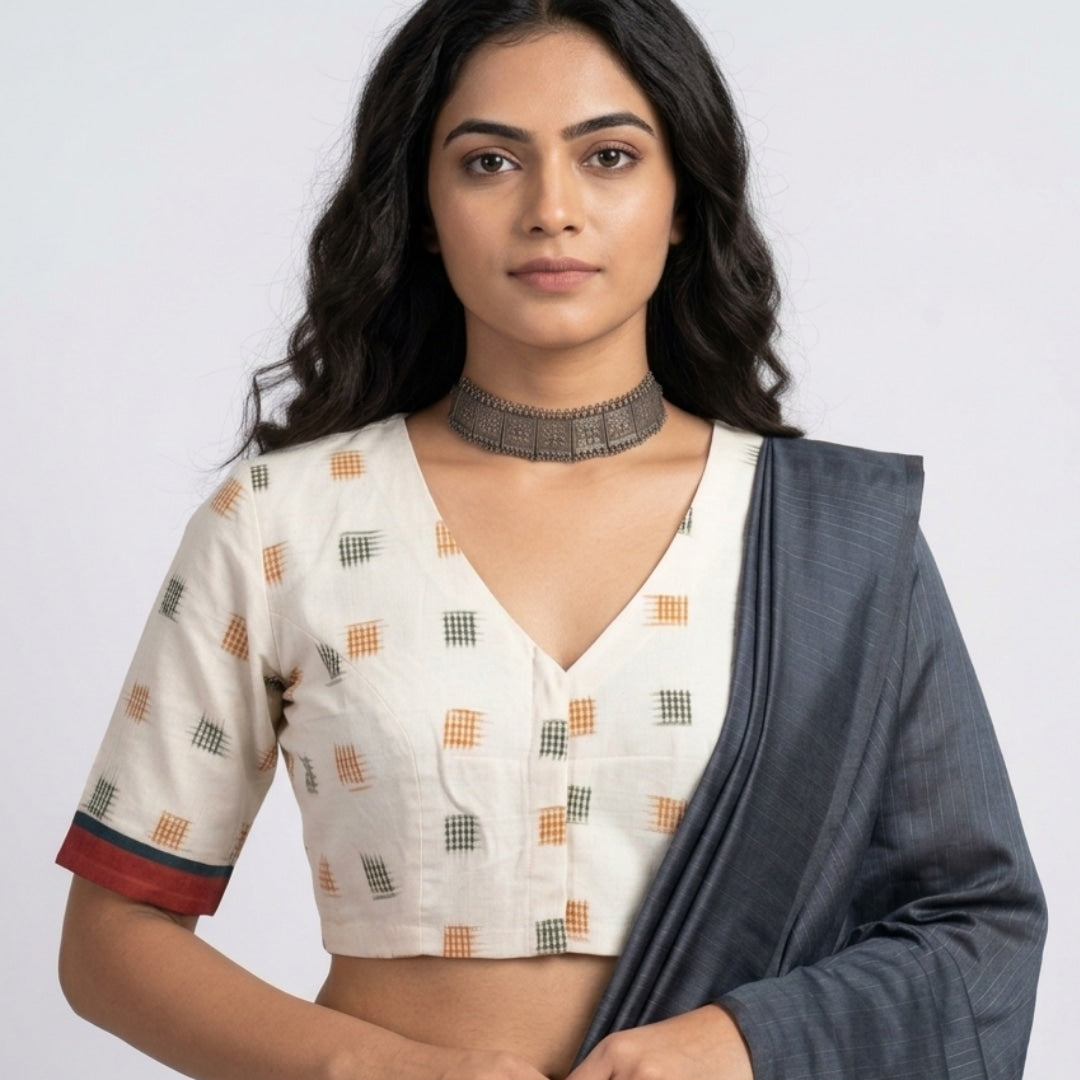 Off White Double Ikat Readymade Blouse with Mustard Green Motif