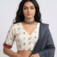 Off White Double Ikat Readymade Blouse with Mustard Green Motif | Godhuli