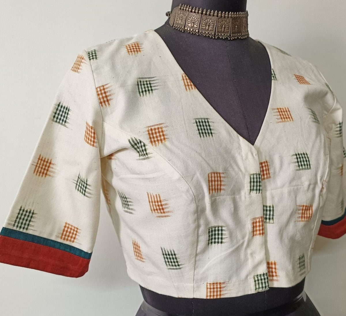 Off White Double Ikat Readymade Blouse with Mustard Green Motif