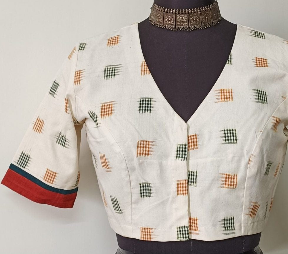 Off White Double Ikat Readymade Blouse with Mustard Green Motif