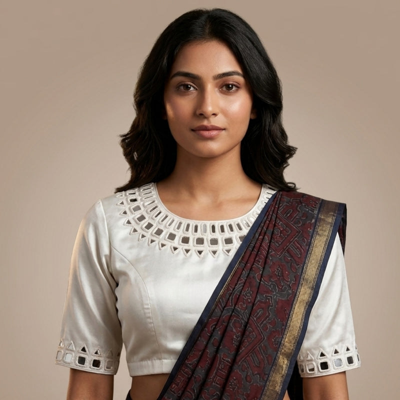 Off White Gaji Silk Mirror work Readymade Blouse | Godhuli