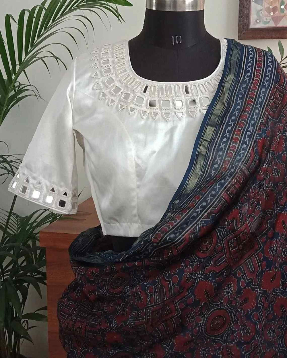 Off White Gaji Silk Mirror work Readymade Blouse | Godhuli
