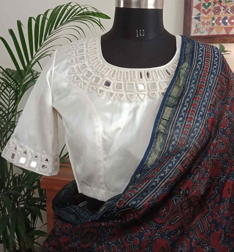 Off White Gaji Silk Mirror work Readymade Blouse | Godhuli