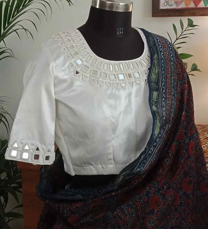 Off White Gaji Silk Mirror work Readymade Blouse | Godhuli