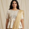 Off White Gaji Silk Peplum Mirrorwork Readymade Kurti | Godhuli