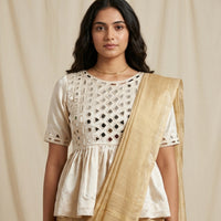 Off White Gaji Silk Peplum Mirrorwork Readymade Kurti | Godhuli