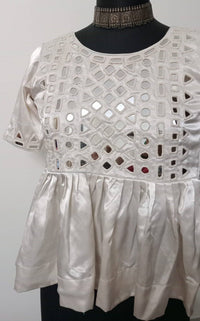 Off White Gaji Silk Peplum Mirrorwork Readymade Kurti | Godhuli