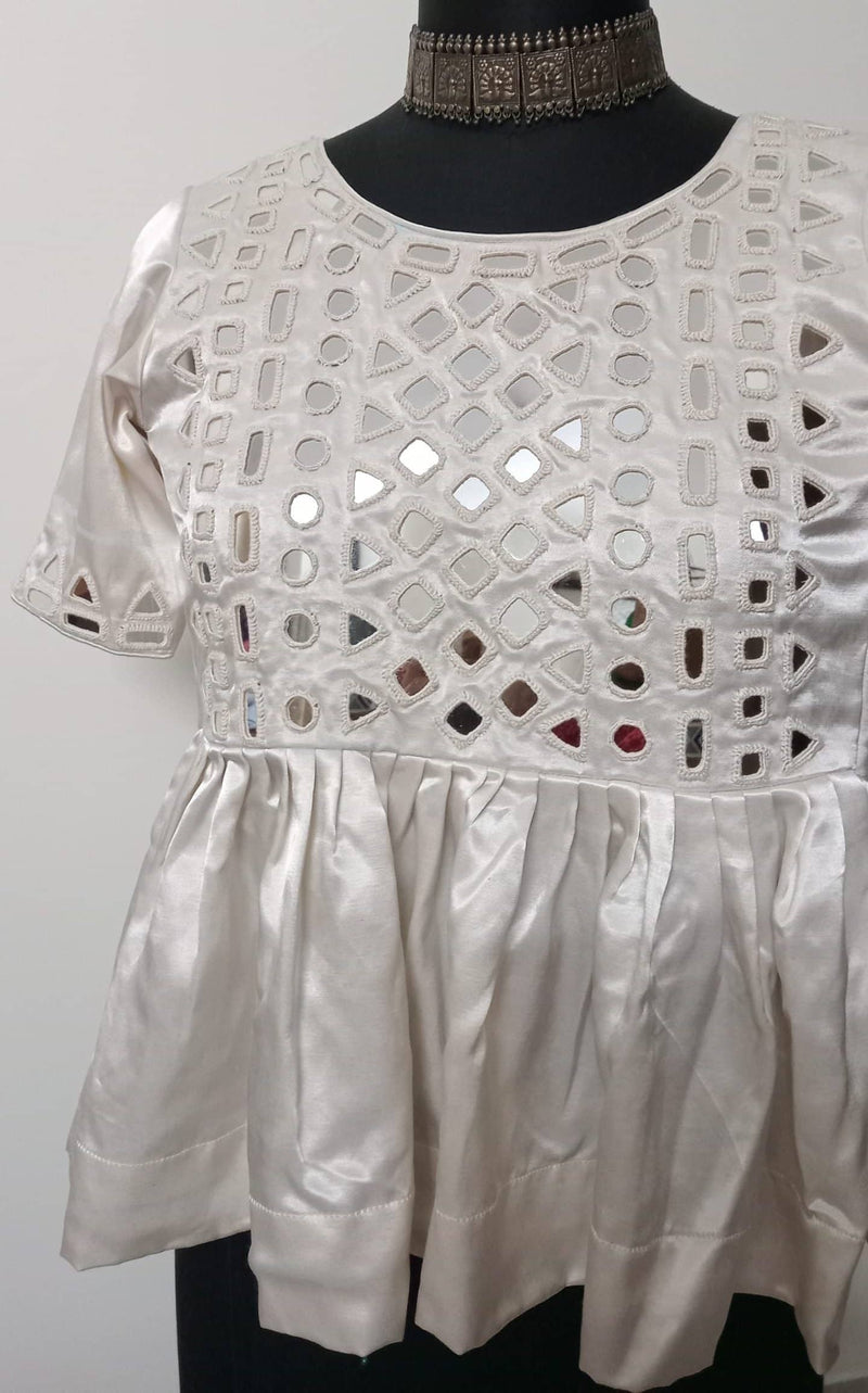 Off White Gaji Silk Peplum Mirrorwork Readymade Kurti | Godhuli