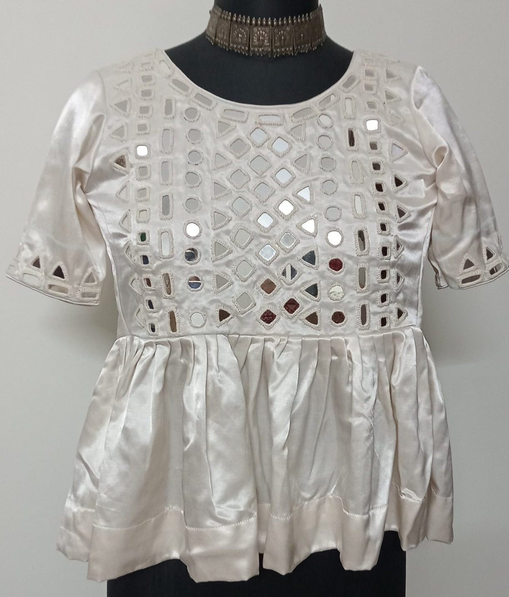 Off White Gaji Silk Peplum Mirrorwork Readymade Kurti | Godhuli