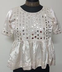 Off White Gaji Silk Peplum Mirrorwork Readymade Kurti | Godhuli