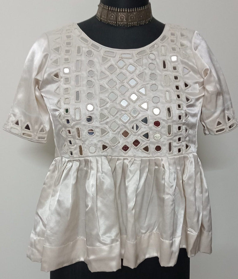 Off White Gaji Silk Peplum Mirrorwork Readymade Kurti | Godhuli