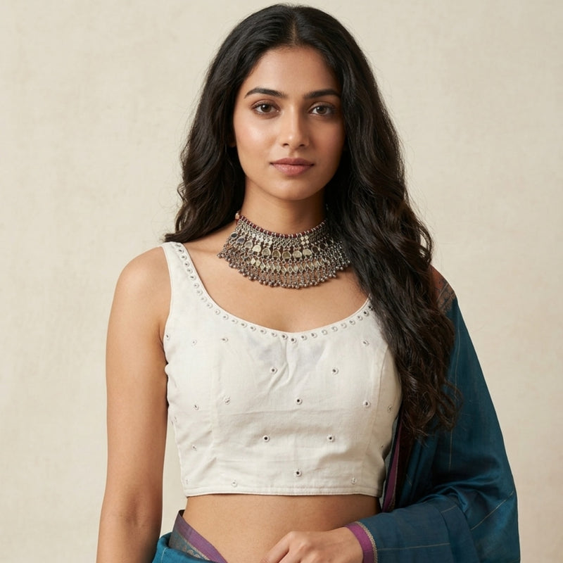 Off White Sleeveless Mirrorwork Readymade Blouse | Godhuli