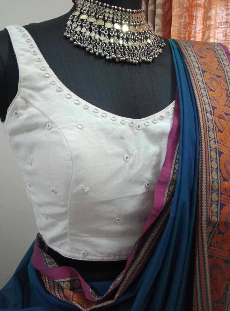 Off White Sleeveless Mirrorwork Readymade Blouse | Godhuli