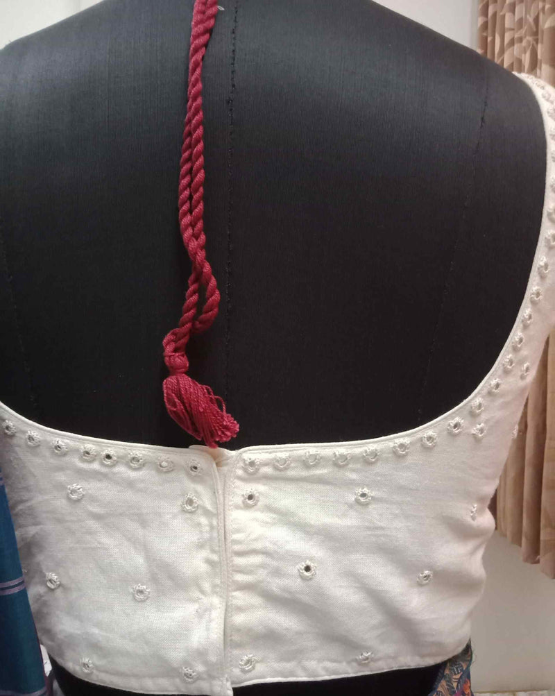 Off White Sleeveless Mirrorwork Readymade Blouse | Godhuli