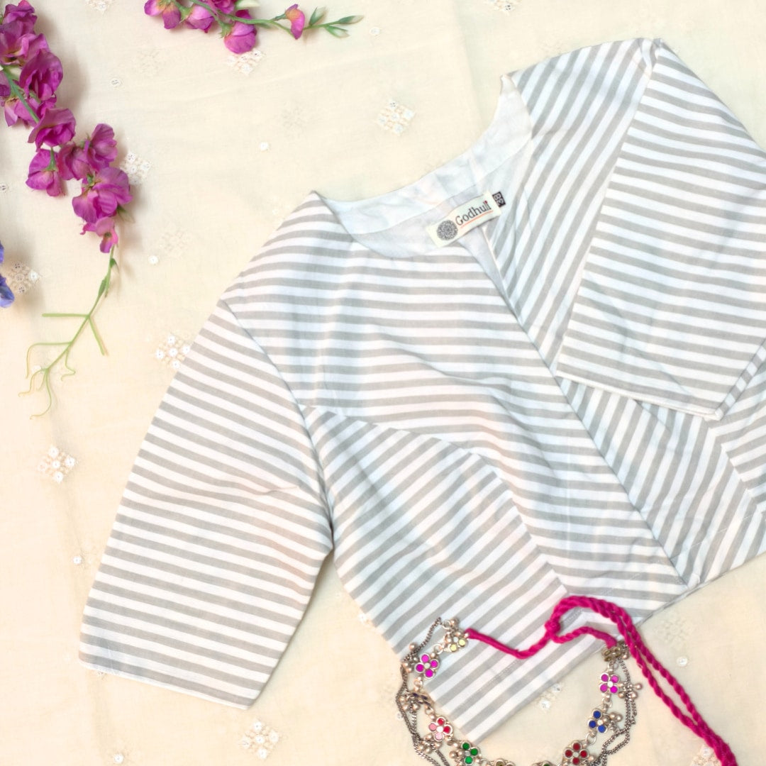 Olive white Oxford Stripes Readymade Blouse