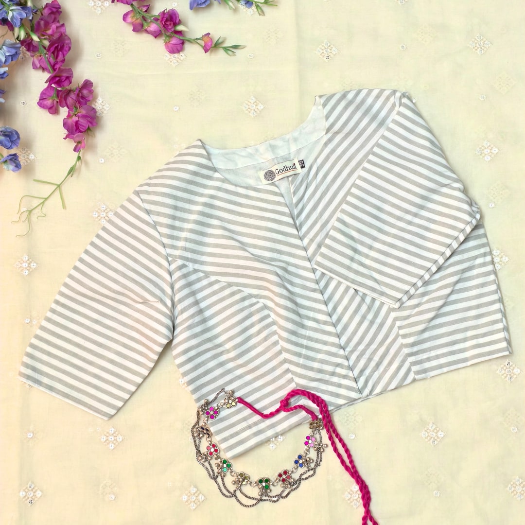 Olive white Oxford Stripes Readymade Blouse