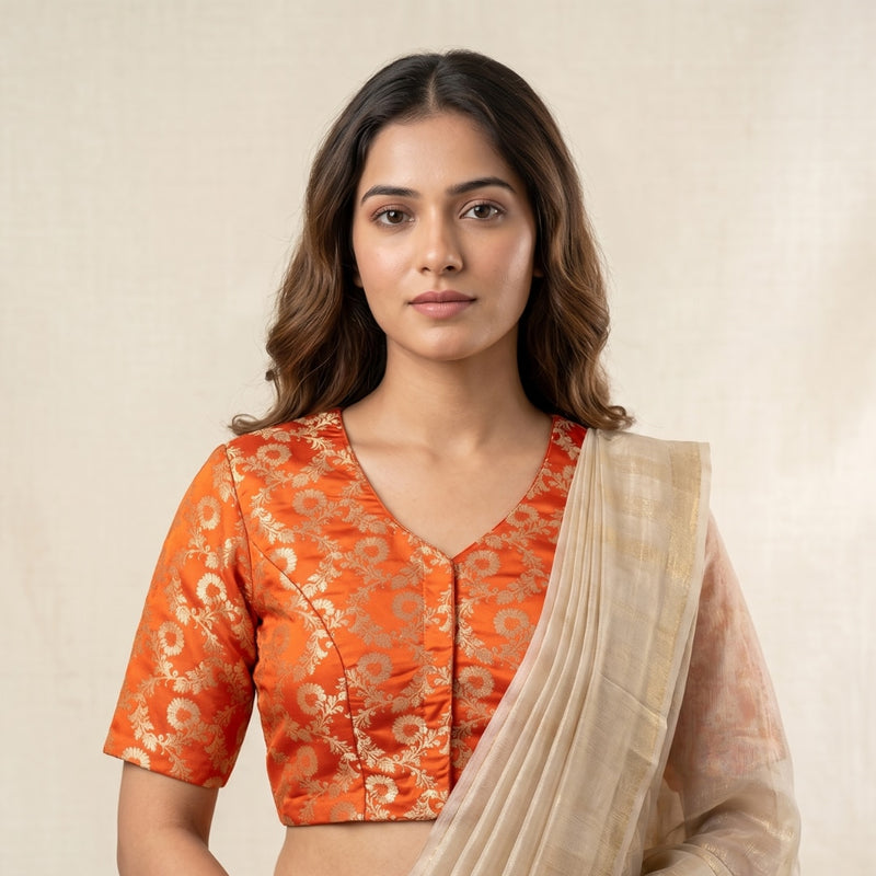 Orange Banarasi Brocade Readymade Blouse | Godhuli
