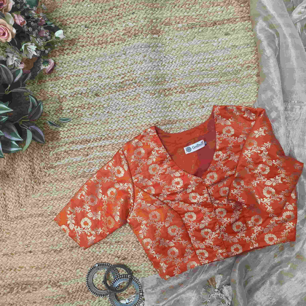 Orange Banarasi Brocade Readymade Blouse | Godhuli