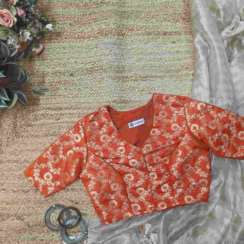 Orange Banarasi Brocade Readymade Blouse | Godhuli
