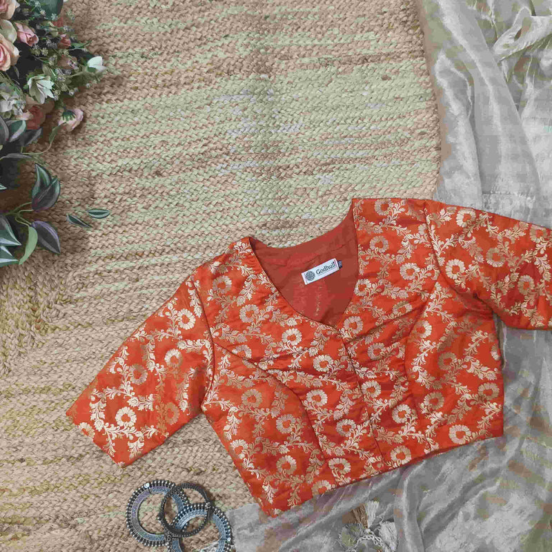Orange Banarasi Brocade Readymade Blouse | Godhuli